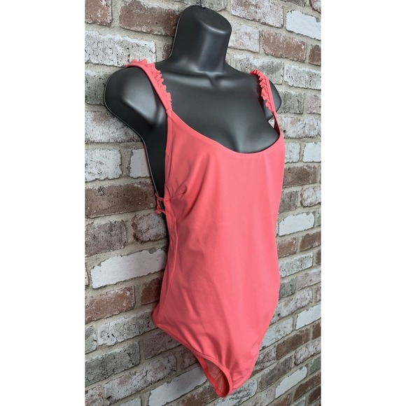 Victoria Secret Coral Orange One piece Swim Suit Ruffle Strap Sz L - Picture 2 of 11